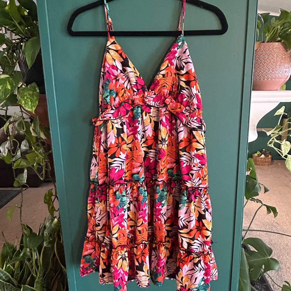 She + Sky  Pink and Orange Floral Ruffle Tiered Dress